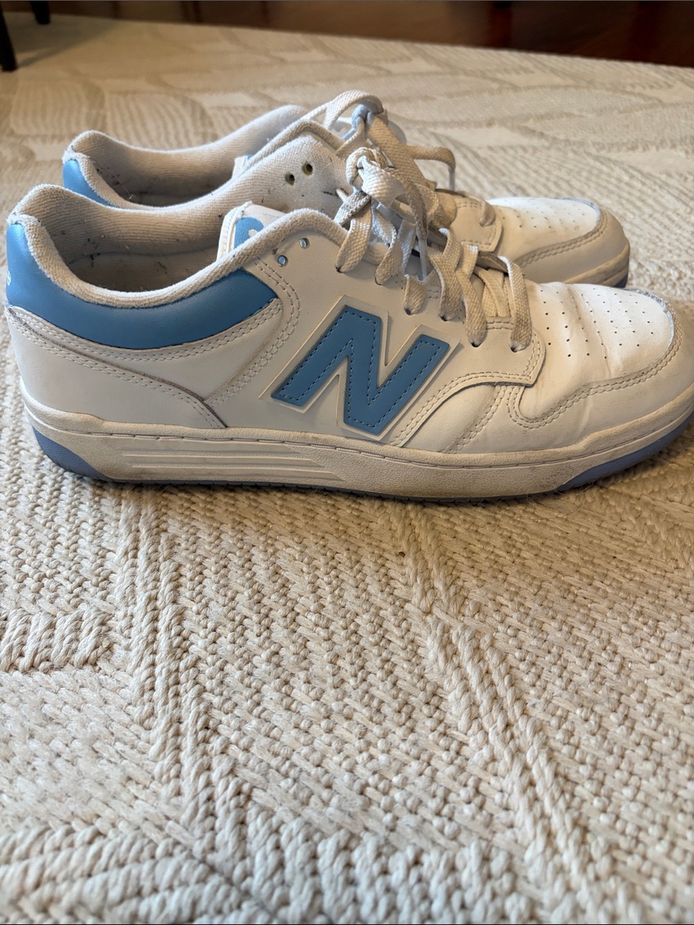 New Balance White and Light Blue Leather Sneakers